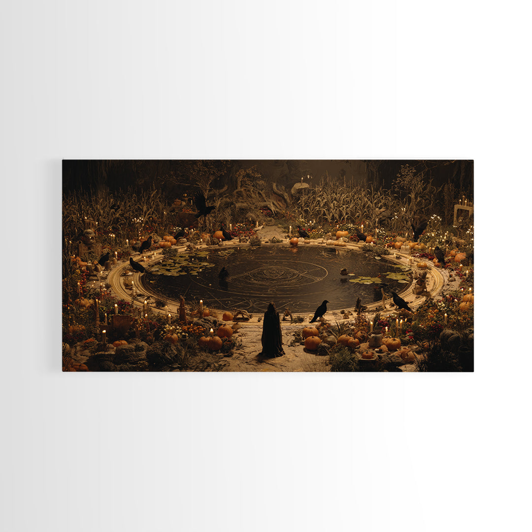 Occult Harvest Festival, Symbolist Gothic Landscape, Wide Panoramic Art, Dark Fantasy Wall Art, Framed Canvas Print, Halloween Wall Art