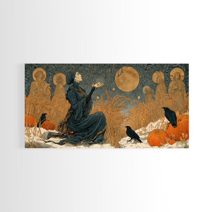 Occult Harvest Festival, Symbolist Death Art, Wide Panoramic Art, Dark Halloween Decor, Framed Canvas Print, Halloween Wall Art