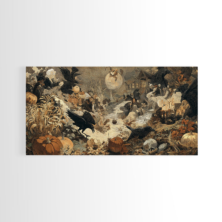 Occult Harvest Festival, Symbolist Etching Art, Wide Panoramic Art, Macabre Wall Art, Framed Canvas Print, Halloween Wall Art