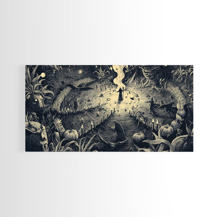Occult Harvest Festival, Expressionist Nightmare Art, Wide Panoramic Art, Dark Halloween Decor, Canvas Print, Halloween Wall Art