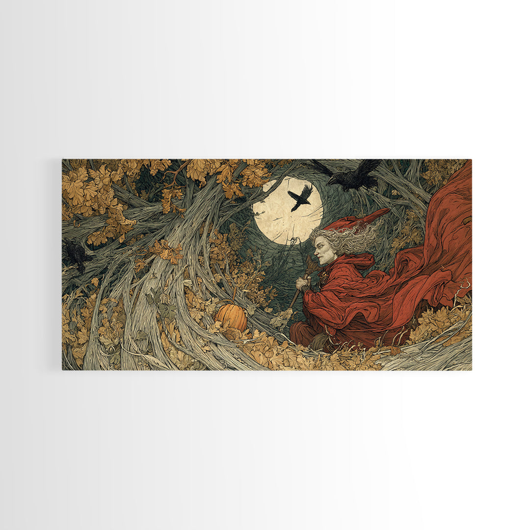 Occult Harvest Festival, Gothic Storybook Art, Wide Panoramic Art, Dark Halloween Decor, Canvas Print, Halloween Wall Art