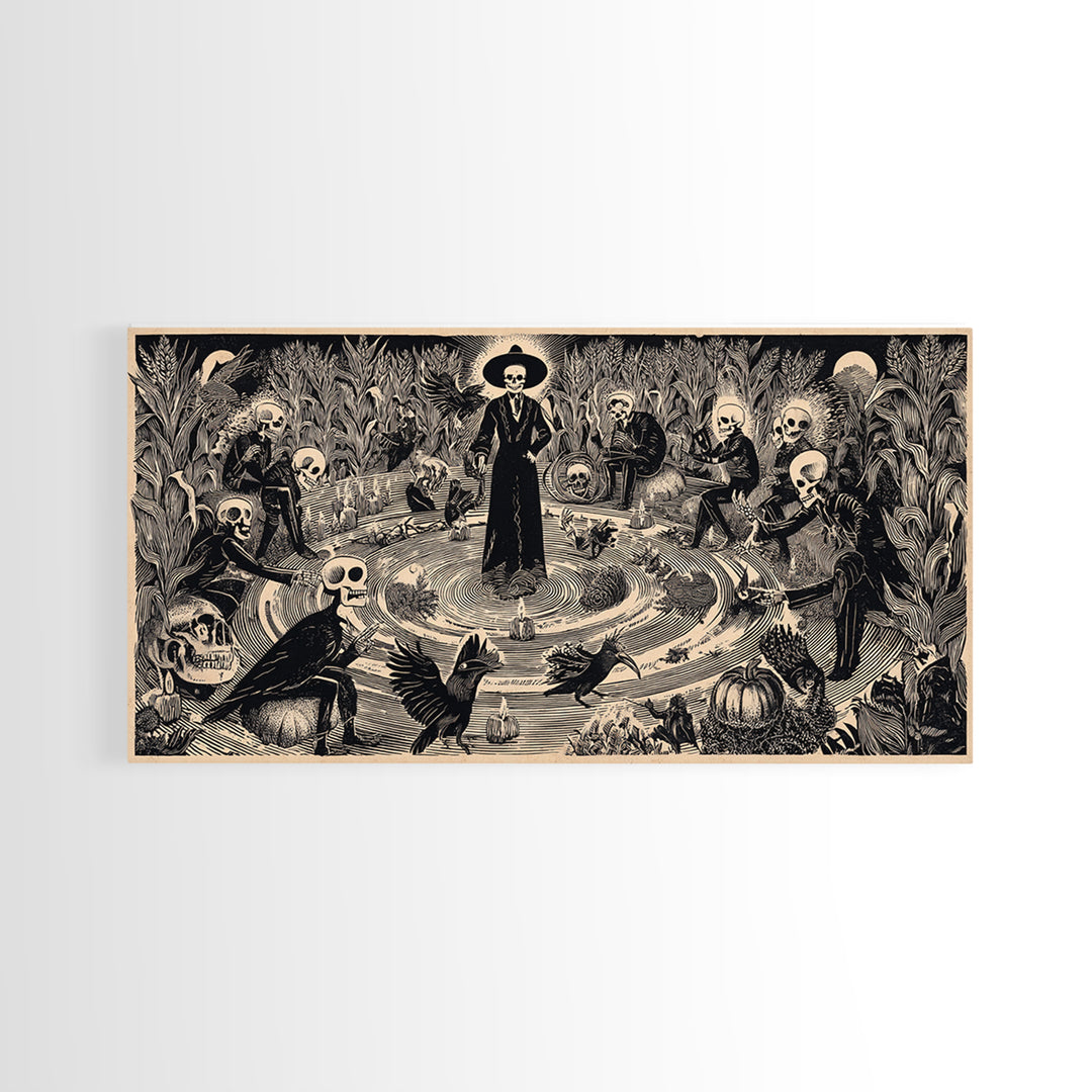 Occult Harvest Festival, Macabre Folk Print Art, Wide Panoramic Art, Macabre Wall Art, Framed Canvas Print, Halloween Wall Art