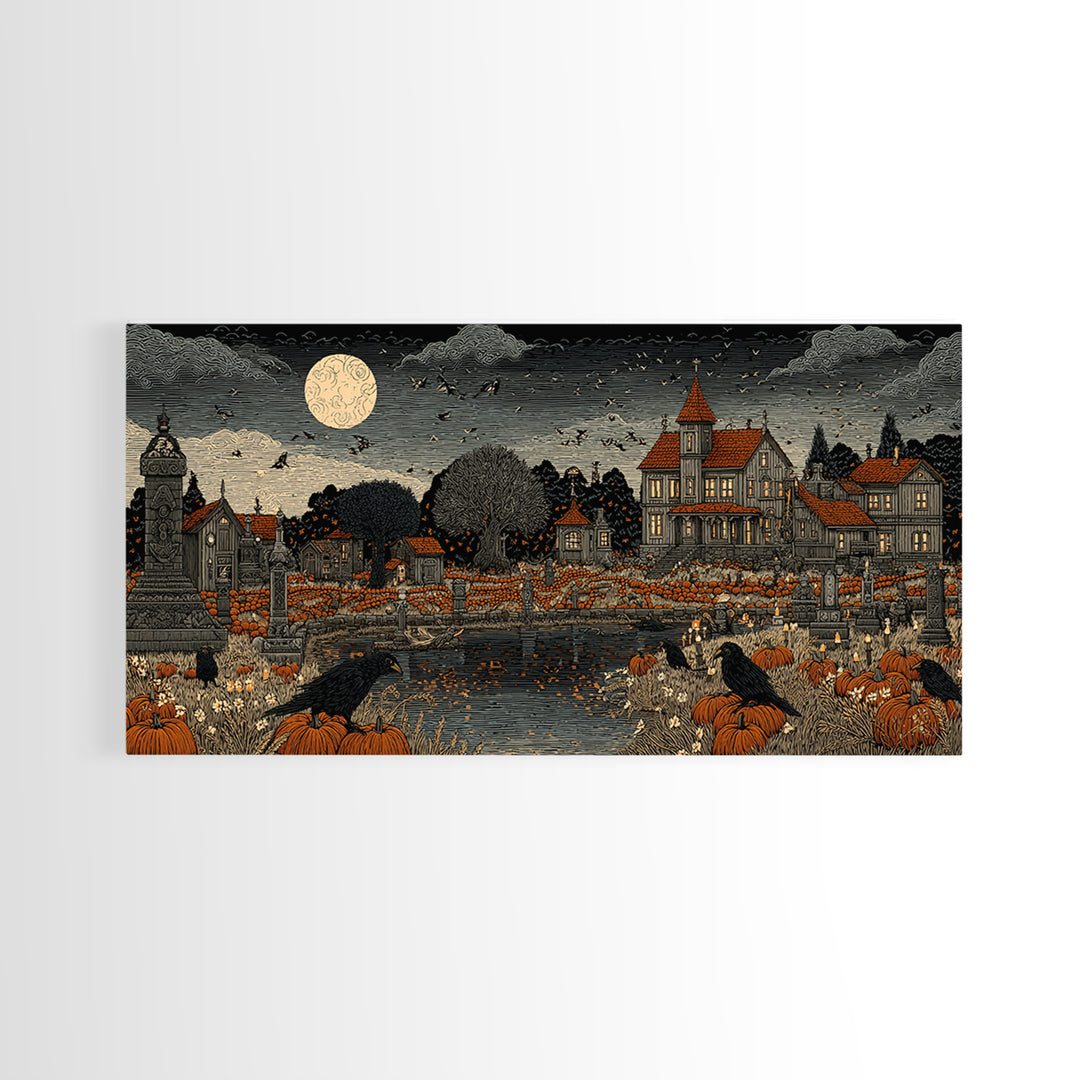 Occult Harvest Festival, Victorian Macabre Art, Wide Panoramic Art, Macabre Wall Art, Framed Canvas Print, Halloween Wall Art