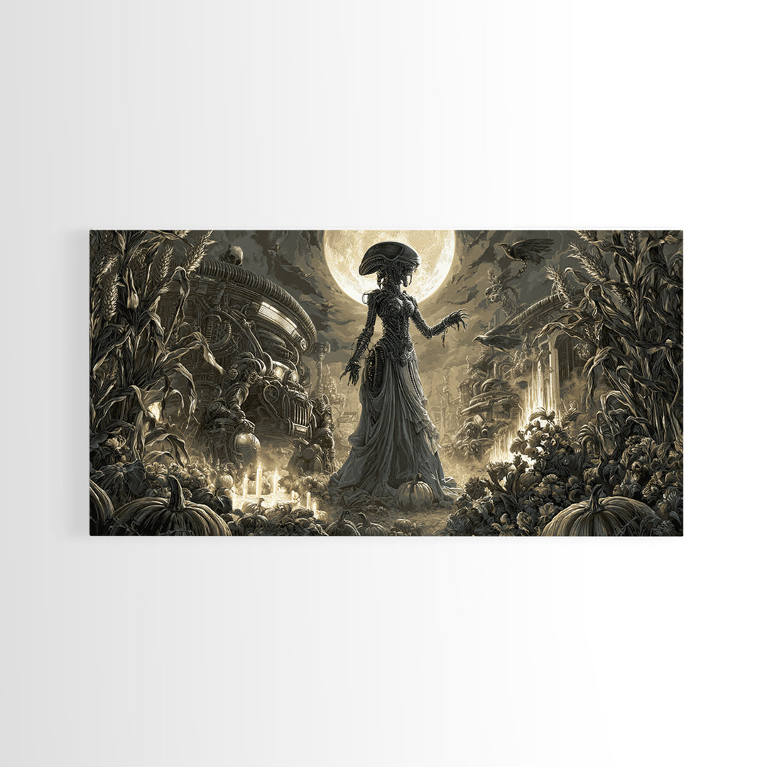 Occult Harvest Festival, Biomechanical Horror Art, Wide Panoramic Art, Gothic Horror Wall Art, Framed Canvas Print, Halloween Wall Art