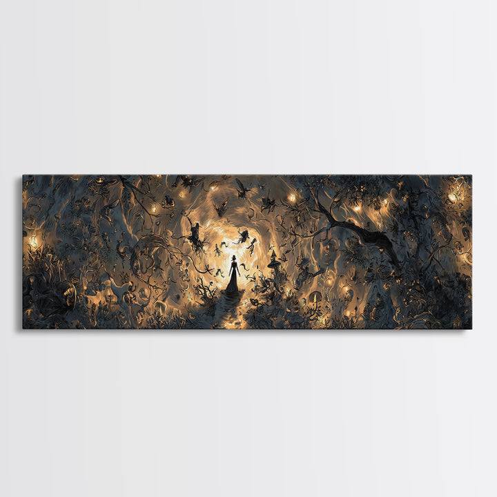 Enchanted Woodland Halloween, Dark Romantic Horror Art, Extra Wide Wall Art, Dark Halloween Decor, Canvas Print, Halloween Wall Art