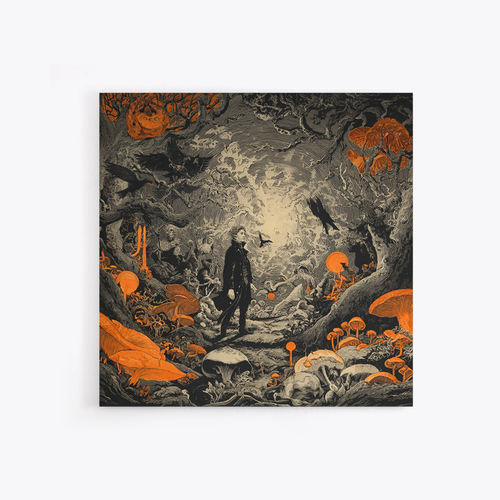 Enchanted Woodland Halloween, Symbolist Etching Art, Square Wall Art, Dark Fantasy Wall Art, Canvas Print, Halloween Wall Art