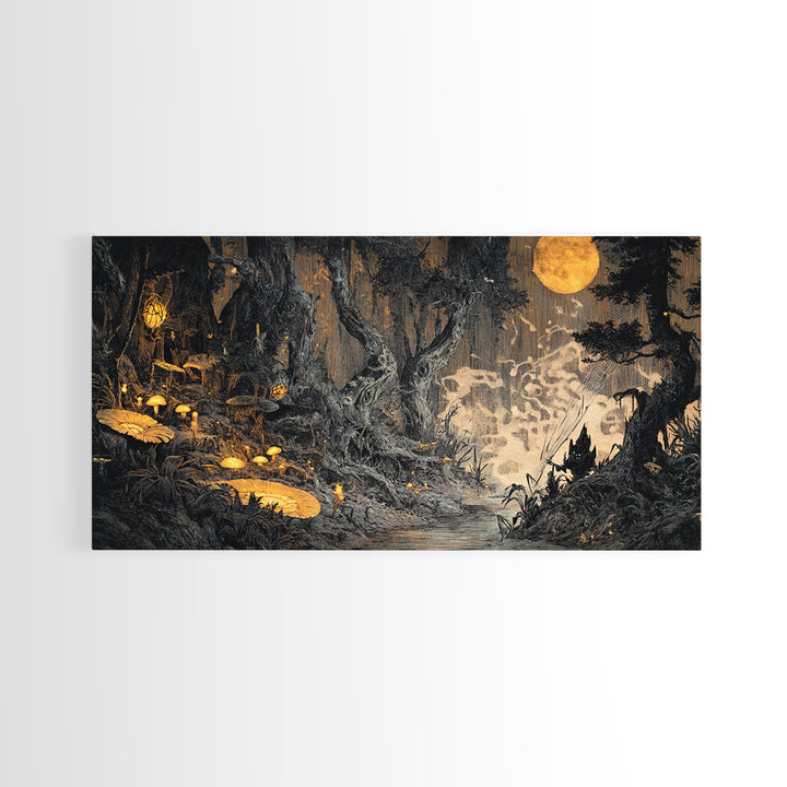 Enchanted Woodland Halloween, Expressionist Nightmare Art, Wide Panoramic Art, Dark Halloween Decor, Canvas Print, Halloween Wall Art