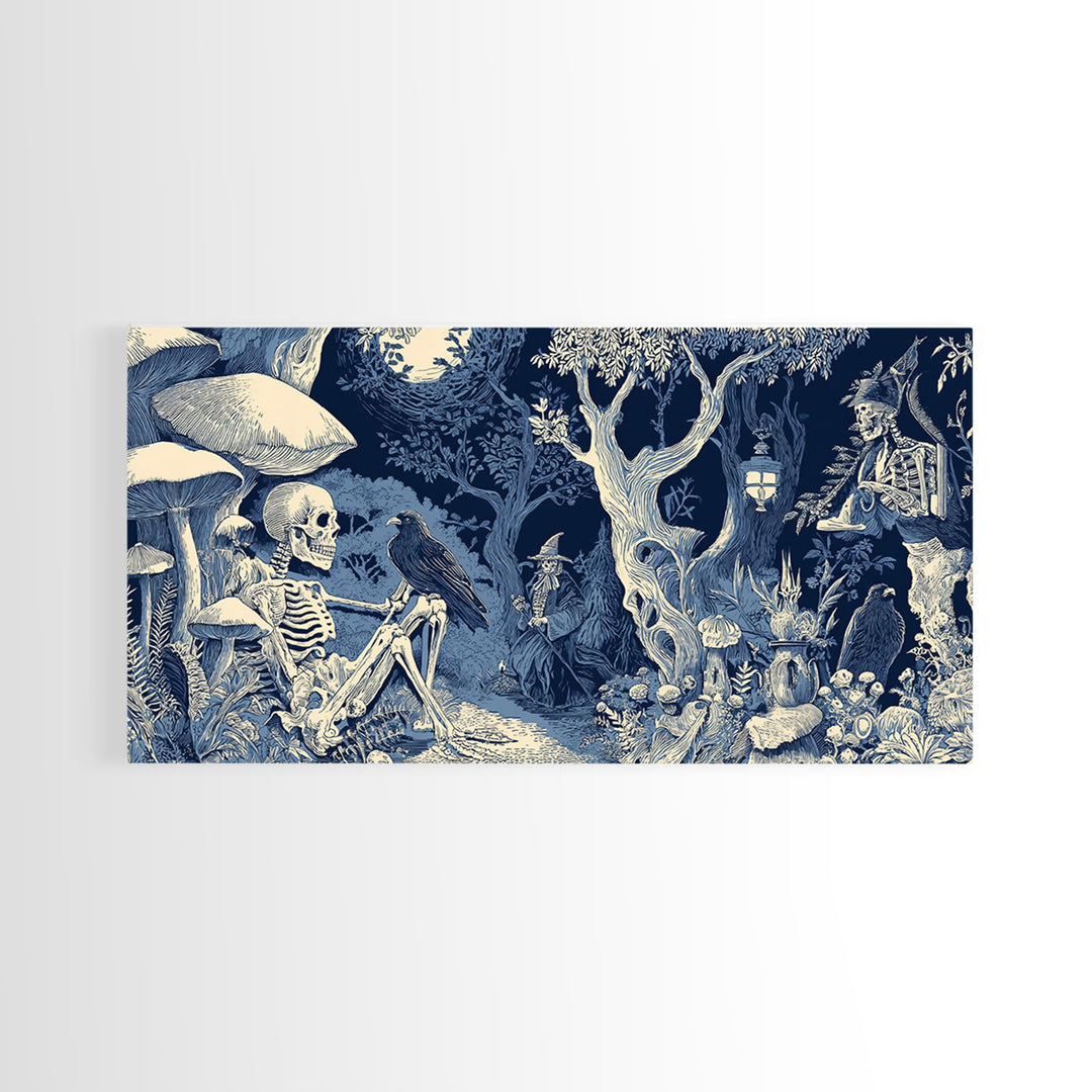Enchanted Woodland Halloween, Macabre Folk Print Art, Wide Panoramic Art, Dark Fantasy Wall Art, Canvas Print, Horror Wall Art