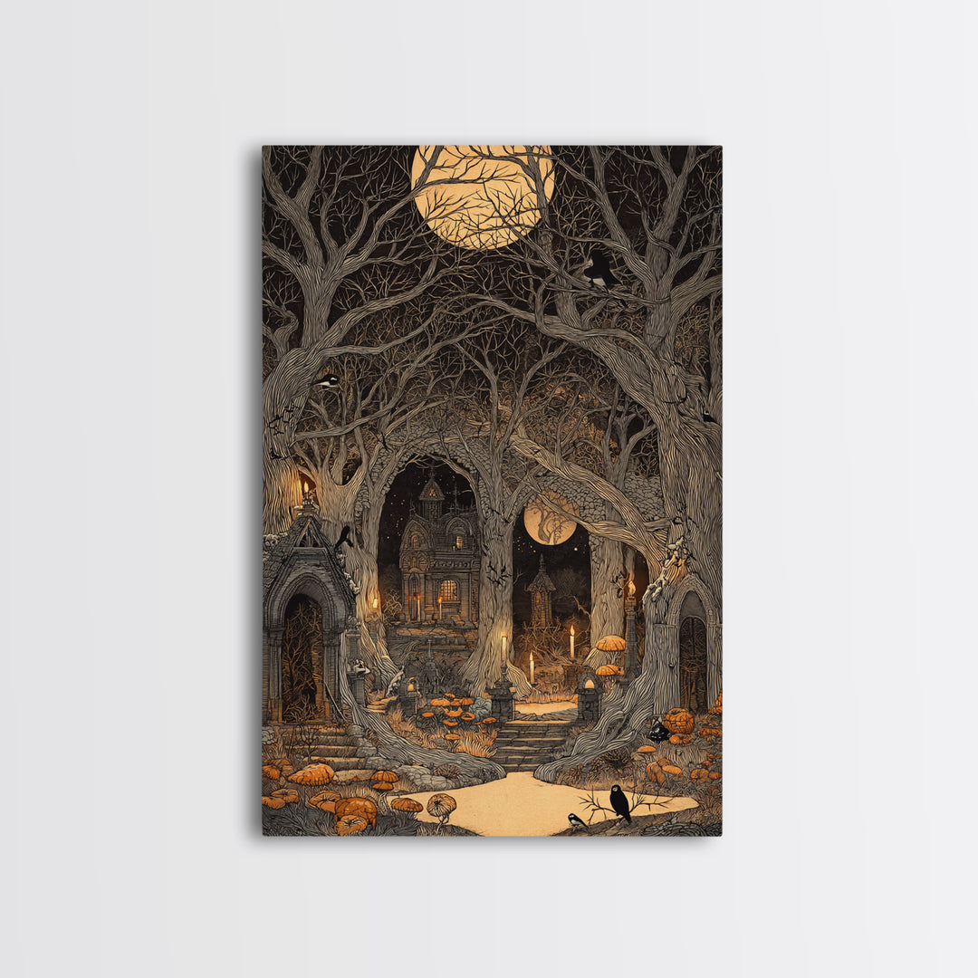 Enchanted Woodland Halloween, Victorian Macabre Art, Vertical Wall Art, Dark Fantasy Wall Art, Framed Canvas Print, Halloween Wall Art