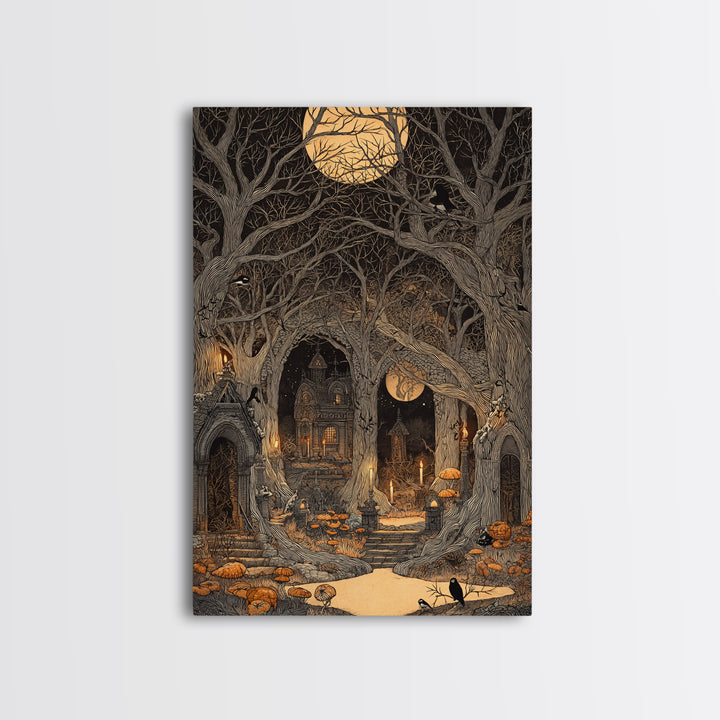 Enchanted Woodland Halloween, Victorian Macabre Art, Vertical Wall Art, Dark Fantasy Wall Art, Framed Canvas Print, Halloween Wall Art