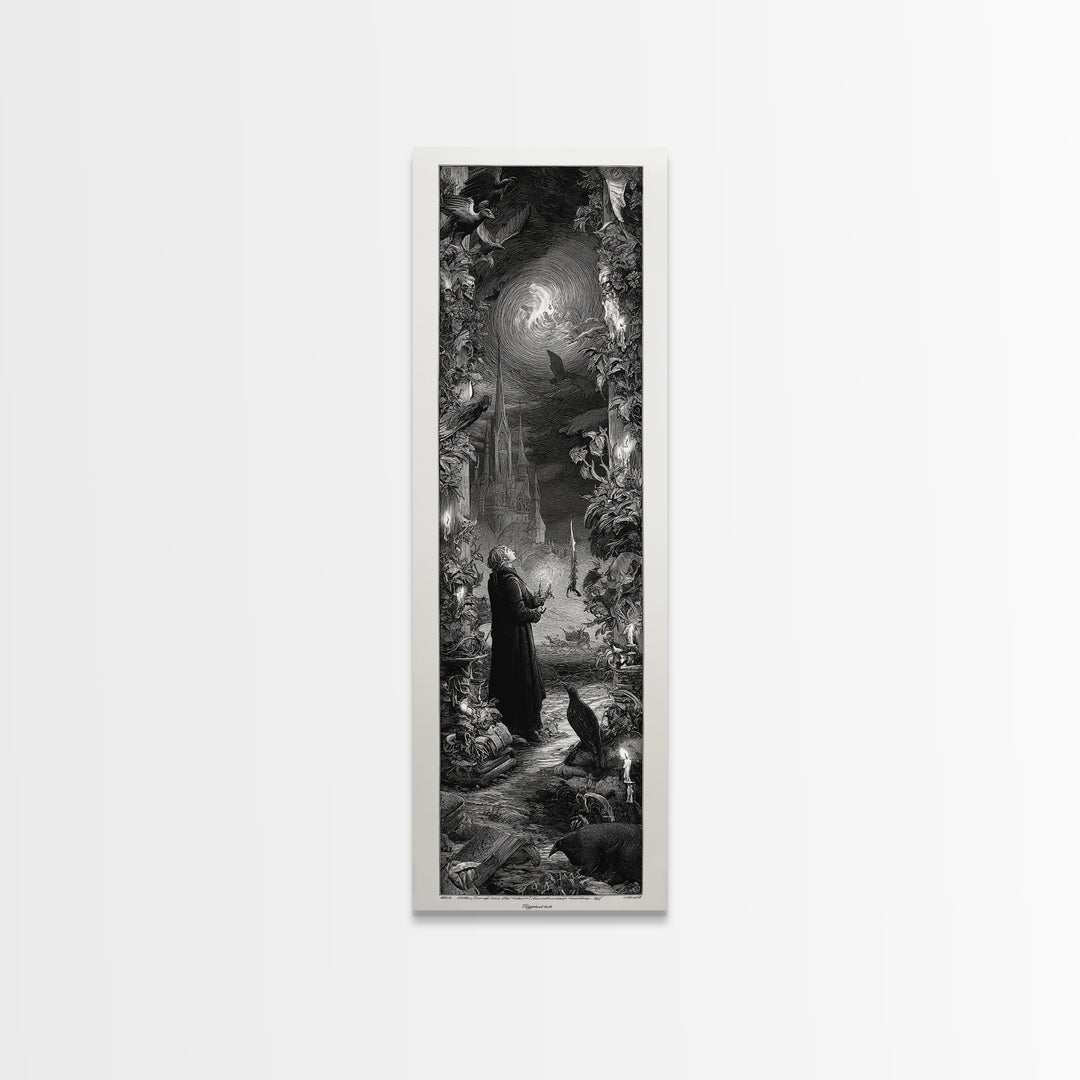 Gothic Romance, Gothic Engraving Art, Tall Narrow Wall Art, Dark Halloween Decor, Framed Canvas Print, Halloween Wall Art