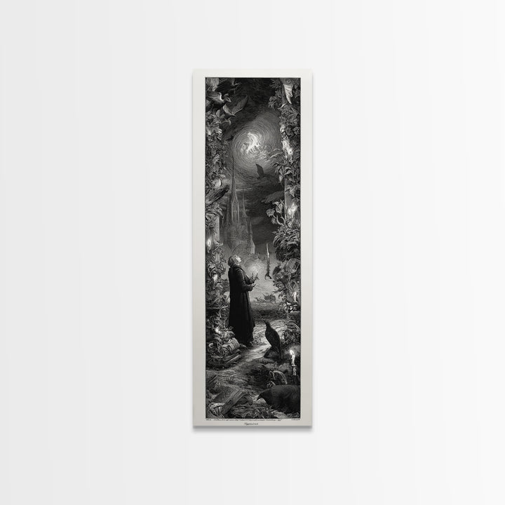 Gothic Romance, Gothic Engraving Art, Tall Narrow Wall Art, Dark Halloween Decor, Framed Canvas Print, Halloween Wall Art