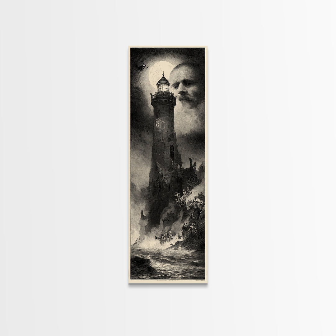 Haunted Seaside Halloween, Gothic Engraving Art, Tall Narrow Wall Art, Macabre Wall Art, Framed Canvas Print, Halloween Wall Art