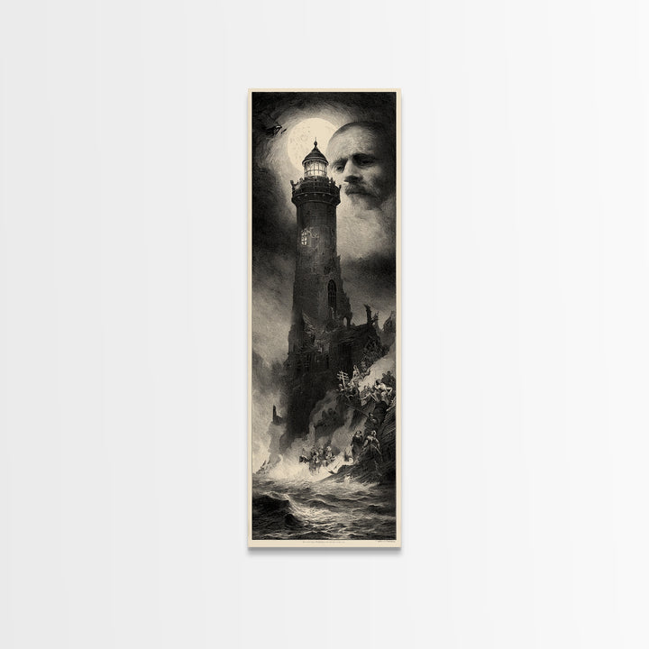 Haunted Seaside Halloween, Gothic Engraving Art, Tall Narrow Wall Art, Macabre Wall Art, Framed Canvas Print, Halloween Wall Art