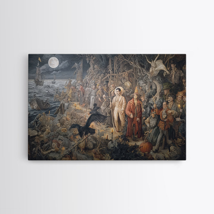 Haunted Seaside Halloween, Medieval Grotesque Art, Landscape Wall Art, Macabre Wall Art, Framed Canvas Print, Halloween Wall Art