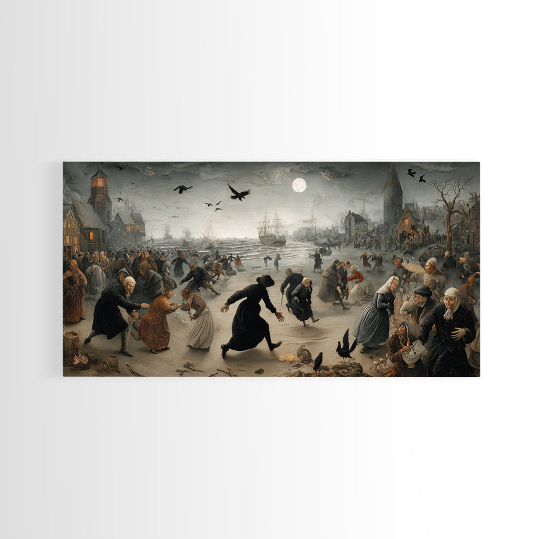 Haunted Seaside Halloween, Northern Renaissance Horror, Wide Panoramic Art, Gothic Horror Wall Art, Framed Canvas Print