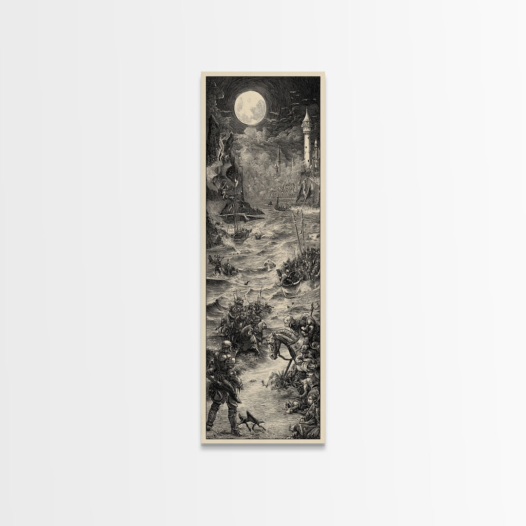 Haunted Seaside Halloween, Renaissance Engraving Art, Tall Narrow Wall Art, Dark Fantasy Wall Art, Framed Canvas Print, Halloween Wall Art