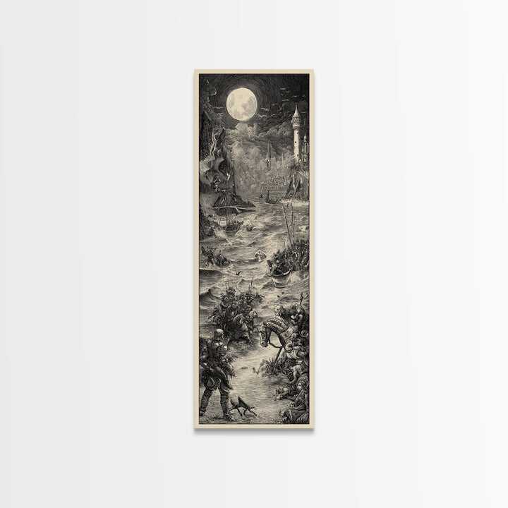 Haunted Seaside Halloween, Renaissance Engraving Art, Tall Narrow Wall Art, Dark Fantasy Wall Art, Framed Canvas Print, Halloween Wall Art