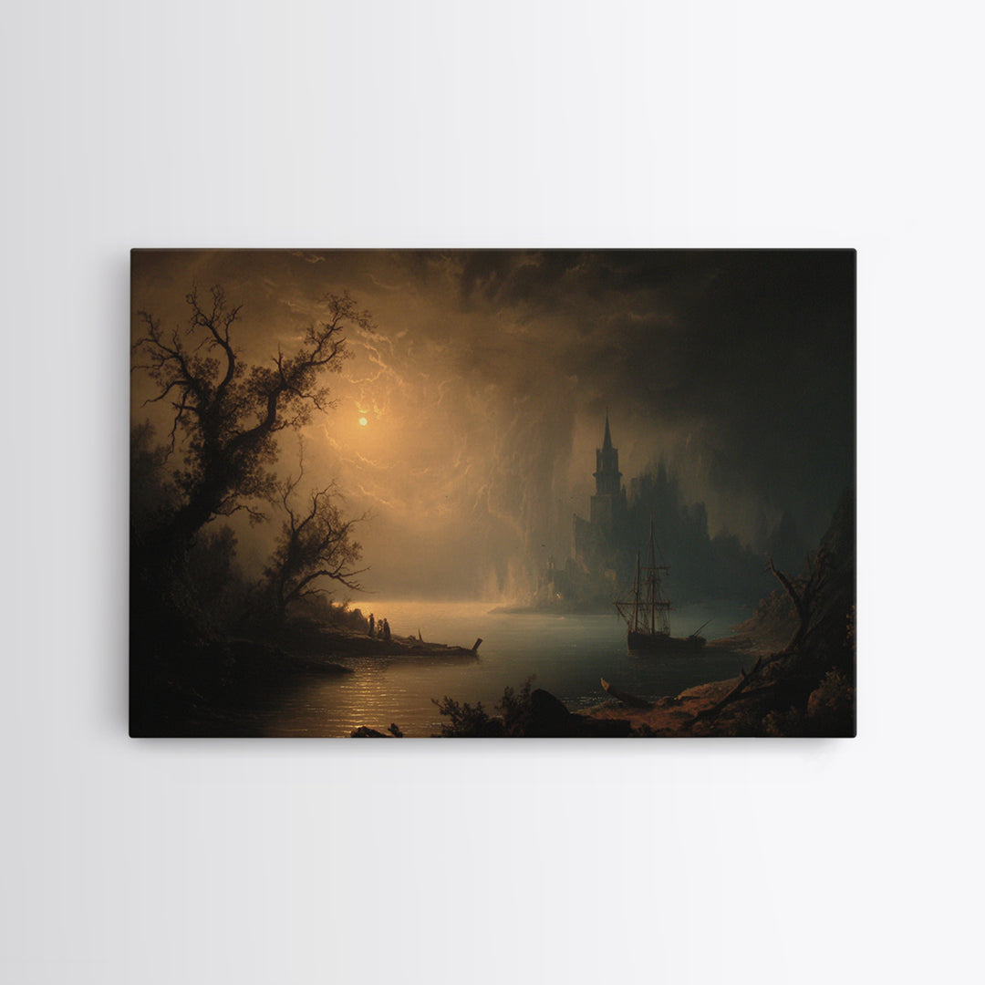 Haunted Seaside Halloween, Baroque Witchcraft Art, Landscape Wall Art, Gothic Horror Wall Art, Framed Canvas Print, Halloween Wall Art