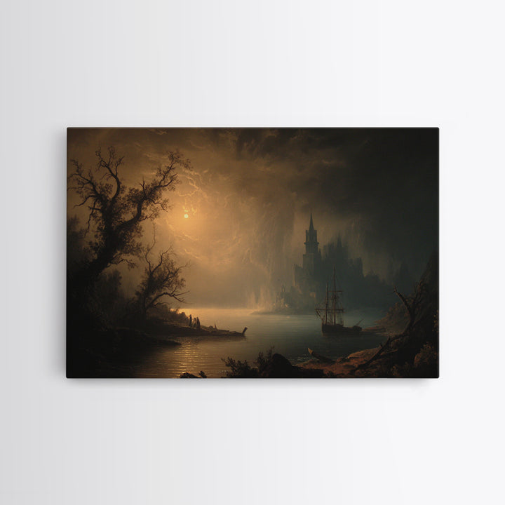 Haunted Seaside Halloween, Baroque Witchcraft Art, Landscape Wall Art, Gothic Horror Wall Art, Framed Canvas Print, Halloween Wall Art