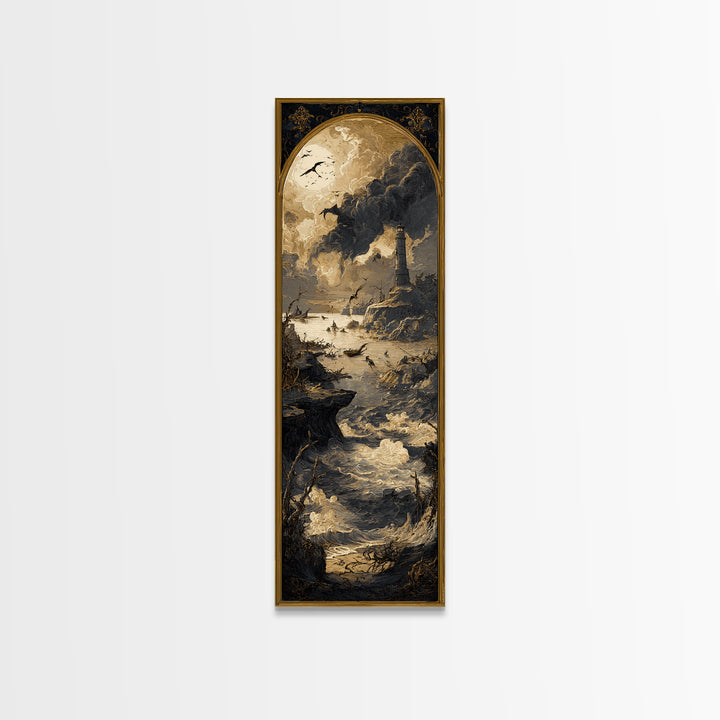 Haunted Seaside Halloween, Dark Romantic Horror Art, Tall Narrow Wall Art, Dark Halloween Decor, Framed Canvas Print, Halloween Wall Art