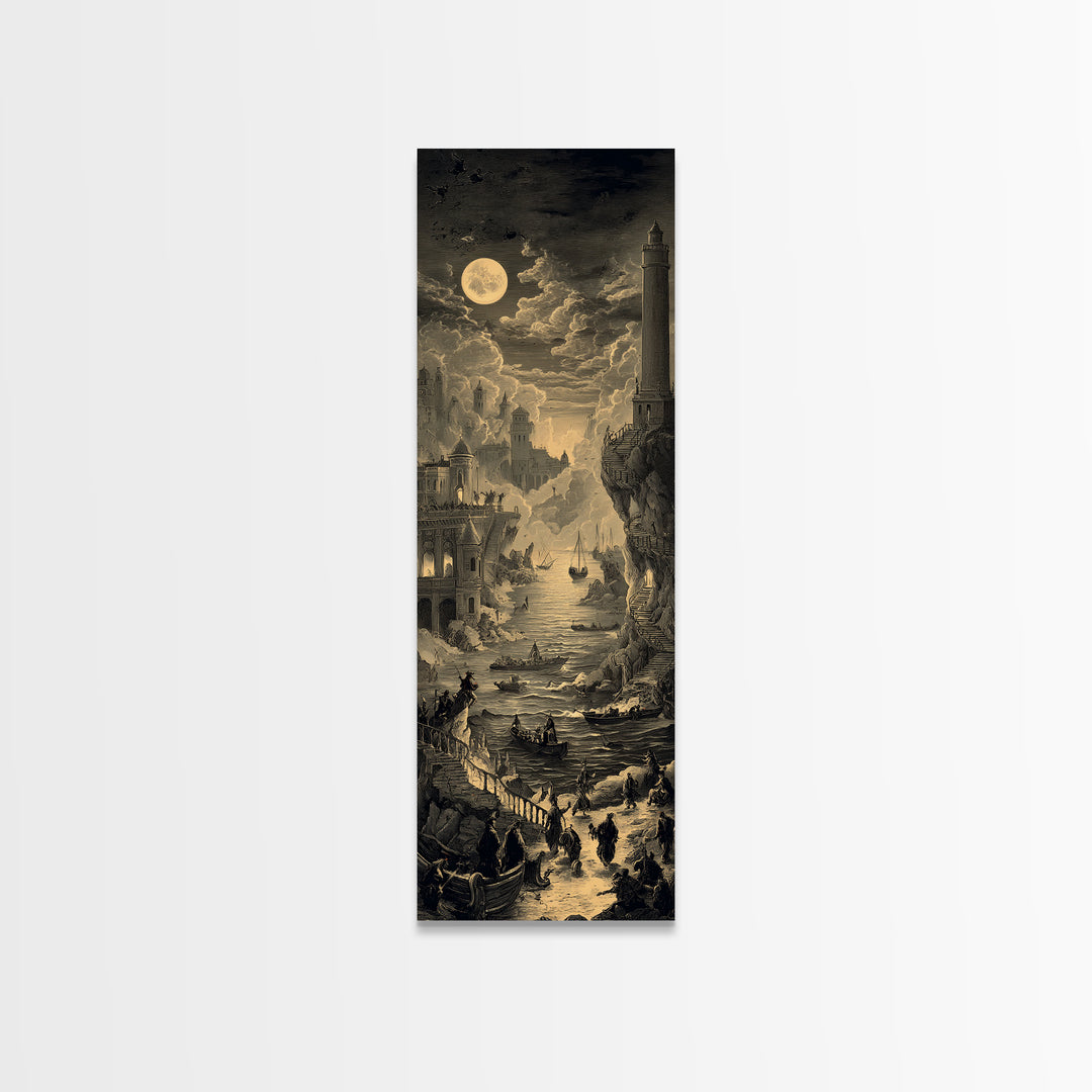 Haunted Seaside Halloween, Architectural Etching Art, Tall Narrow Wall Art, Gothic Horror Wall Art, Framed Canvas Print