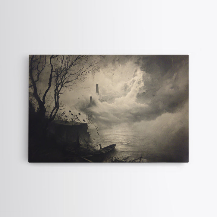 Haunted Seaside Halloween, Symbolist Dream Art, Landscape Wall Art, Dark Fantasy Wall Art, Framed Canvas Print, Halloween Wall Art