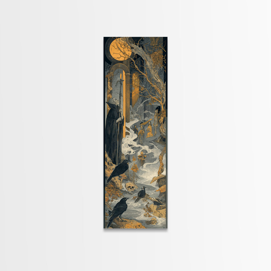 Haunted Seaside Halloween, Symbolist Etching Art, Tall Narrow Wall Art, Dark Halloween Decor, Framed Canvas Print, Halloween Wall Art