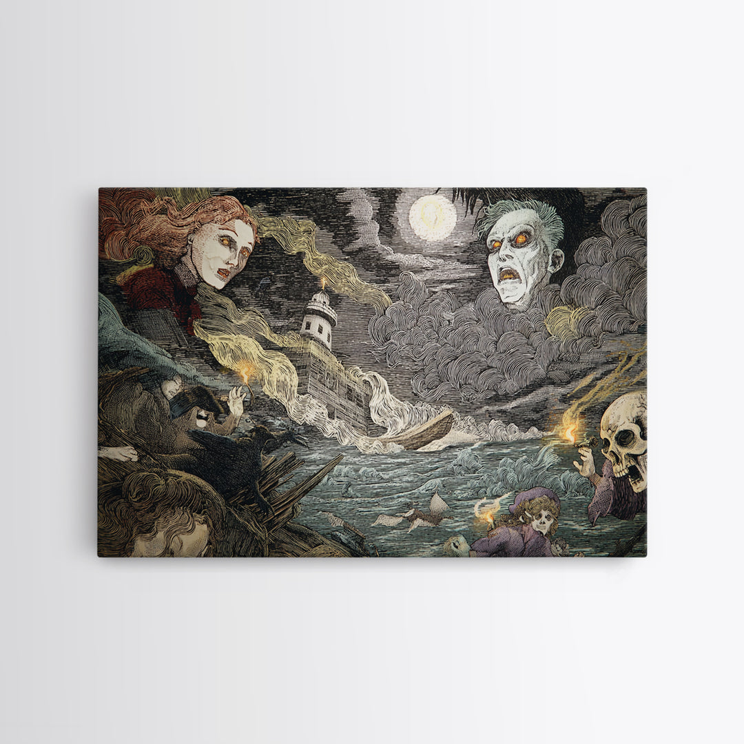 Haunted Seaside Halloween, Expressionist Gothic Art, Landscape Wall Art, Macabre Wall Art, Canvas Print, Halloween Wall Art