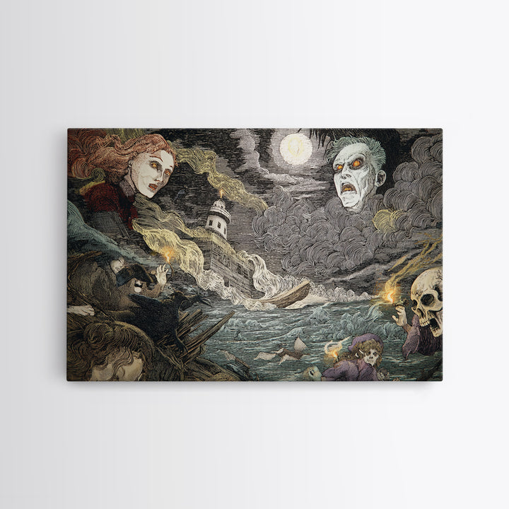Haunted Seaside Halloween, Expressionist Gothic Art, Landscape Wall Art, Macabre Wall Art, Canvas Print, Halloween Wall Art