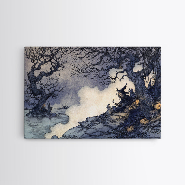 Haunted Seaside Halloween, Gothic Storybook Art, Landscape Wall Art, Gothic Horror Wall Art, Canvas Print, Halloween Wall Art