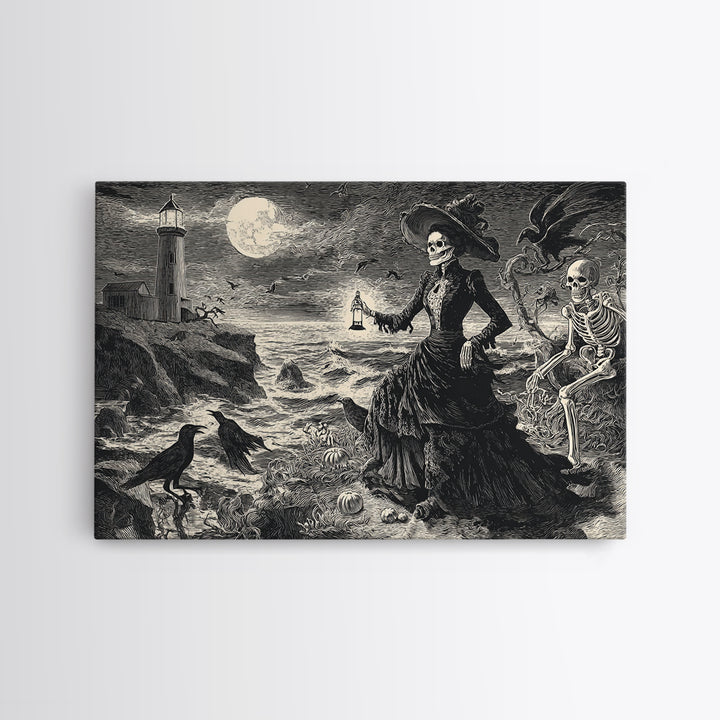 Haunted Seaside Halloween, Macabre Folk Print Art, Landscape Wall Art, Dark Halloween Decor, Framed Canvas Print