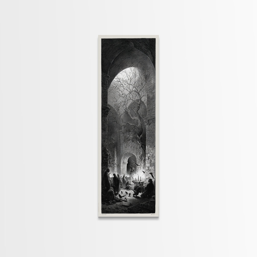 The Candlelit Crypt, Gothic Engraving Art, Tall Narrow Wall Art, Dark Fantasy Wall Art, Canvas Print, Halloween Wall Art