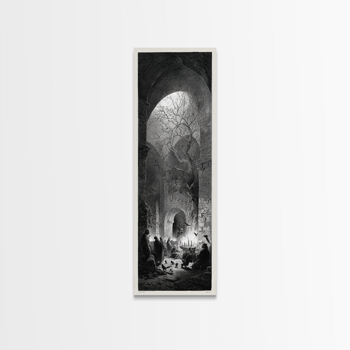 The Candlelit Crypt, Gothic Engraving Art, Tall Narrow Wall Art, Dark Fantasy Wall Art, Canvas Print, Halloween Wall Art