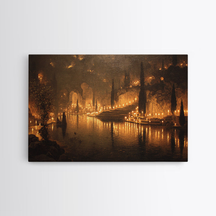 The Candlelit Crypt, Symbolist Gothic Landscape, Landscape Wall Art, Macabre Wall Art, Framed Canvas Print, Halloween Wall Art