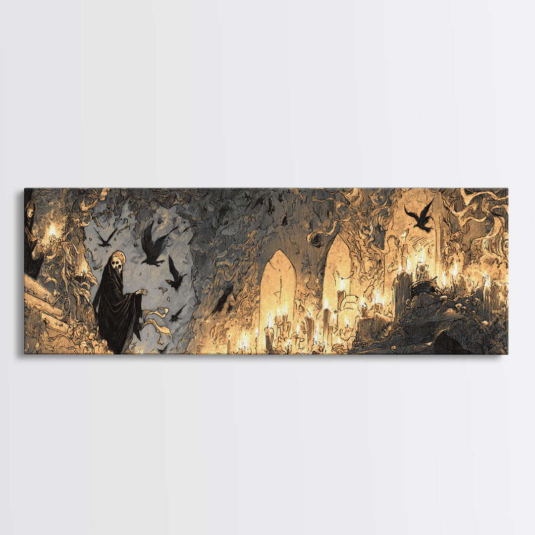 The Candlelit Crypt, Expressionist Nightmare Art, Extra Wide Wall Art, Macabre Wall Art, Framed Canvas Print, Halloween Wall Art