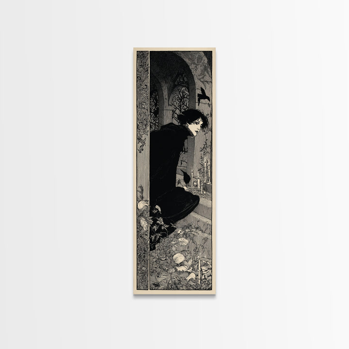 The Candlelit Crypt, Decadent Line Art, Tall Narrow Wall Art, Macabre Wall Art, Framed Canvas Print, Halloween Wall Art