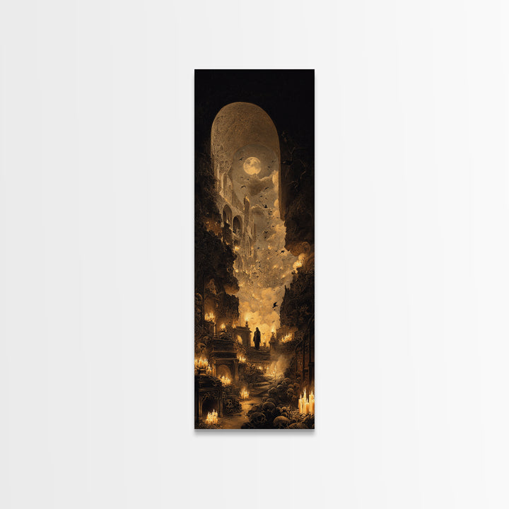 The Candlelit Crypt, Surreal Apocalyptic Art, Tall Narrow Wall Art, Dark Fantasy Wall Art, Framed Canvas Print, Halloween Wall Art