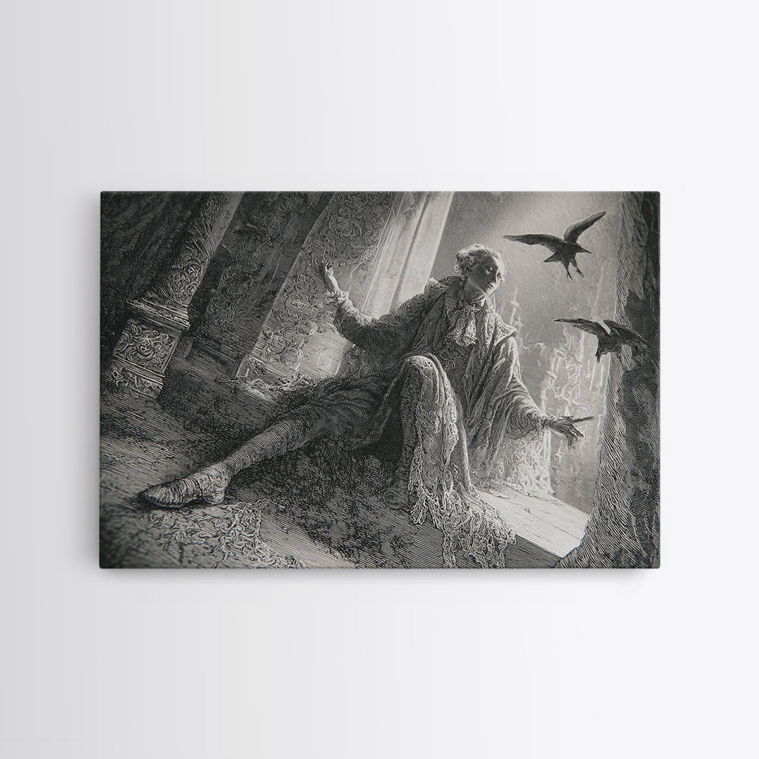Black Lace And Cobwebs, Gothic Engraving Art, Landscape Wall Art, Dark Halloween Decor, Framed Canvas Print, Halloween Wall Art