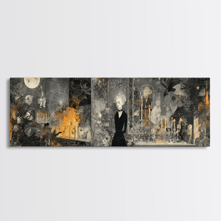 Black Lace And Cobwebs, Visionary Gothic Art, Extra Wide Wall Art, Macabre Wall Art, Framed Canvas Print, Halloween Wall Art