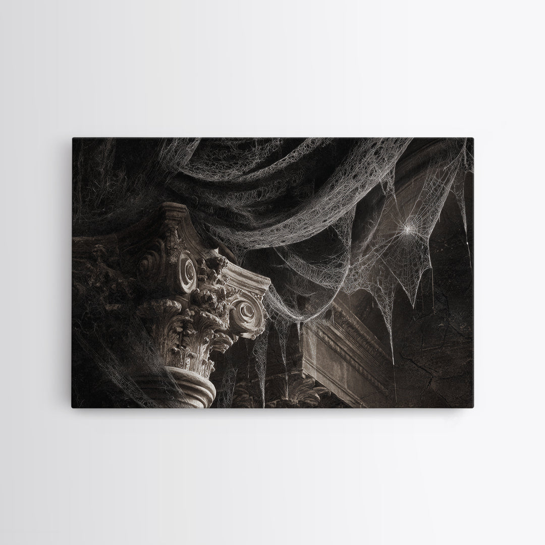 Black Lace And Cobwebs, Architectural Etching Art, Landscape Wall Art, Dark Fantasy Wall Art, Framed Canvas Print