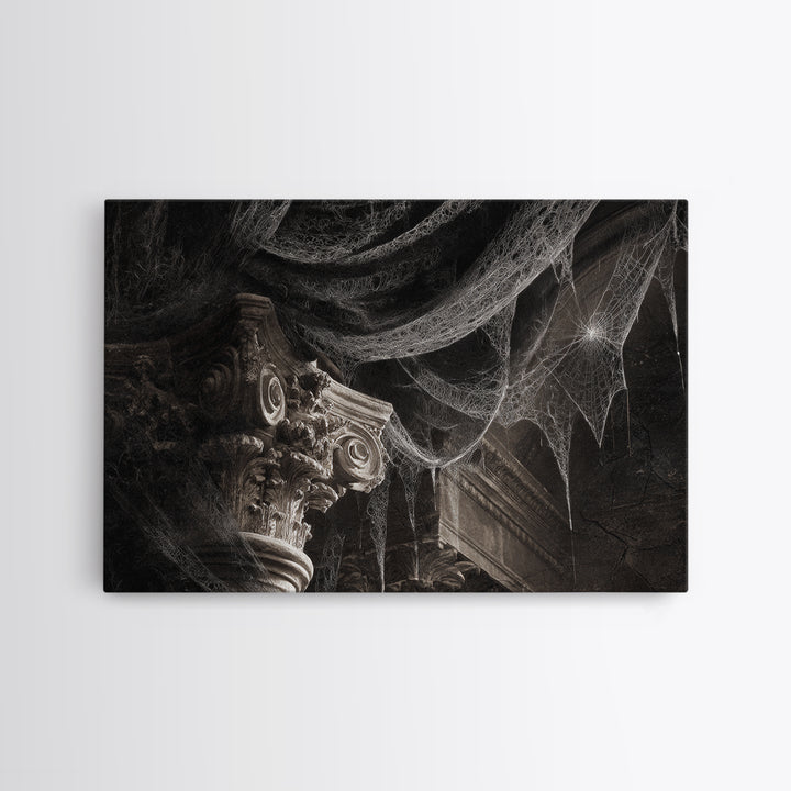 Black Lace And Cobwebs, Architectural Etching Art, Landscape Wall Art, Dark Fantasy Wall Art, Framed Canvas Print