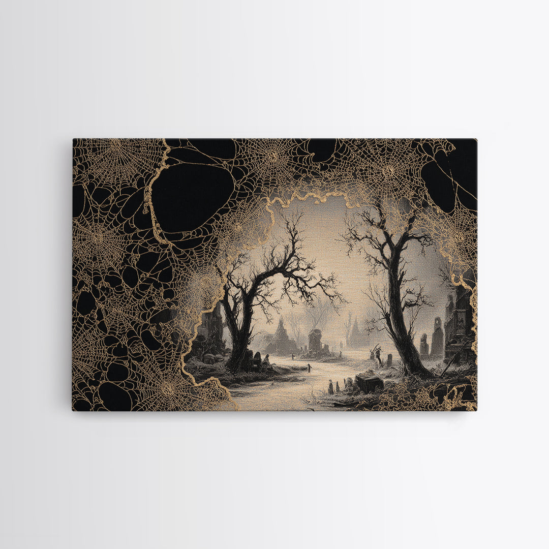 Black Lace And Cobwebs, Romantic Gothic Landscape, Landscape Wall Art, Gothic Horror Wall Art, Framed Canvas Print