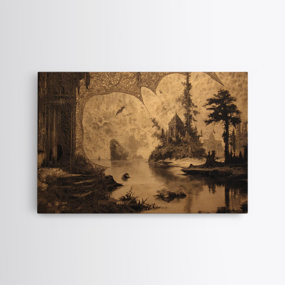 Black Lace And Cobwebs, Symbolist Gothic Landscape, Landscape Wall Art, Dark Halloween Decor, Canvas Print, Halloween Wall Art
