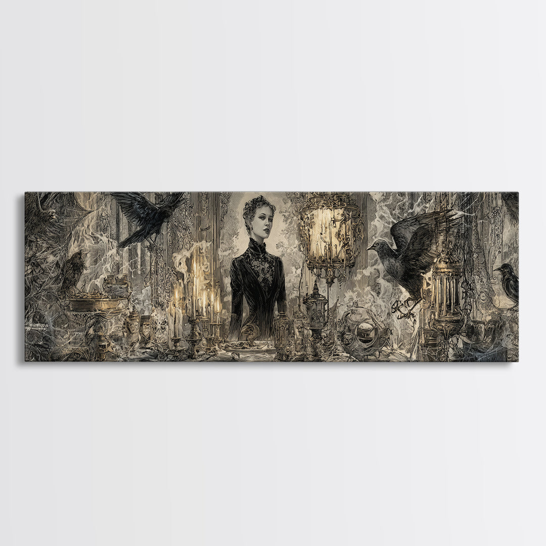 Black Lace And Cobwebs, Ornate Symbolist Art, Extra Wide Wall Art, Gothic Horror Wall Art, Canvas Print, Halloween Wall Art