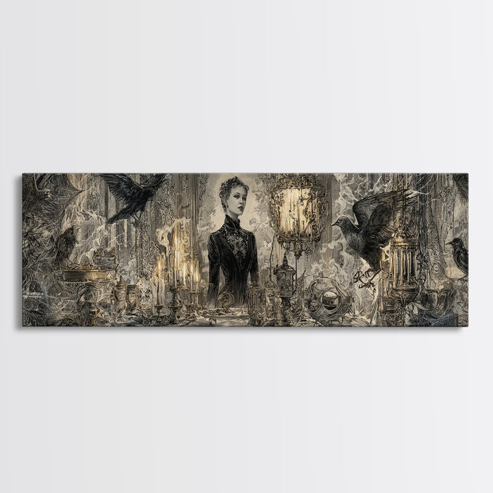 Black Lace And Cobwebs, Ornate Symbolist Art, Extra Wide Wall Art, Gothic Horror Wall Art, Canvas Print, Halloween Wall Art