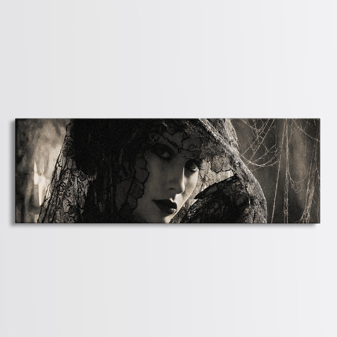 Black Lace And Cobwebs, Decadent Gothic Art, Extra Wide Wall Art, Dark Halloween Decor, Canvas Print, Halloween Wall Art