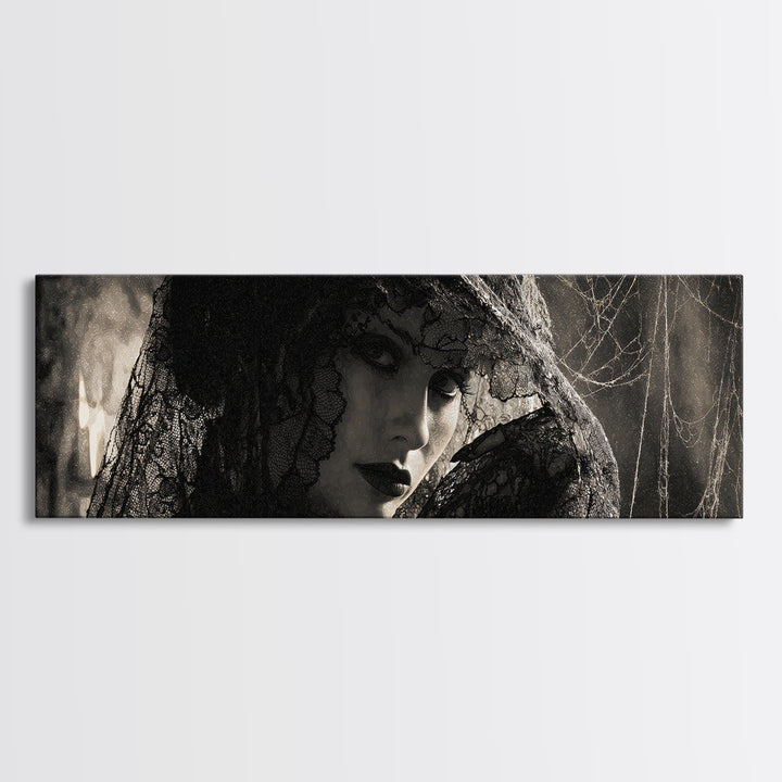 Black Lace And Cobwebs, Decadent Gothic Art, Extra Wide Wall Art, Dark Halloween Decor, Canvas Print, Halloween Wall Art