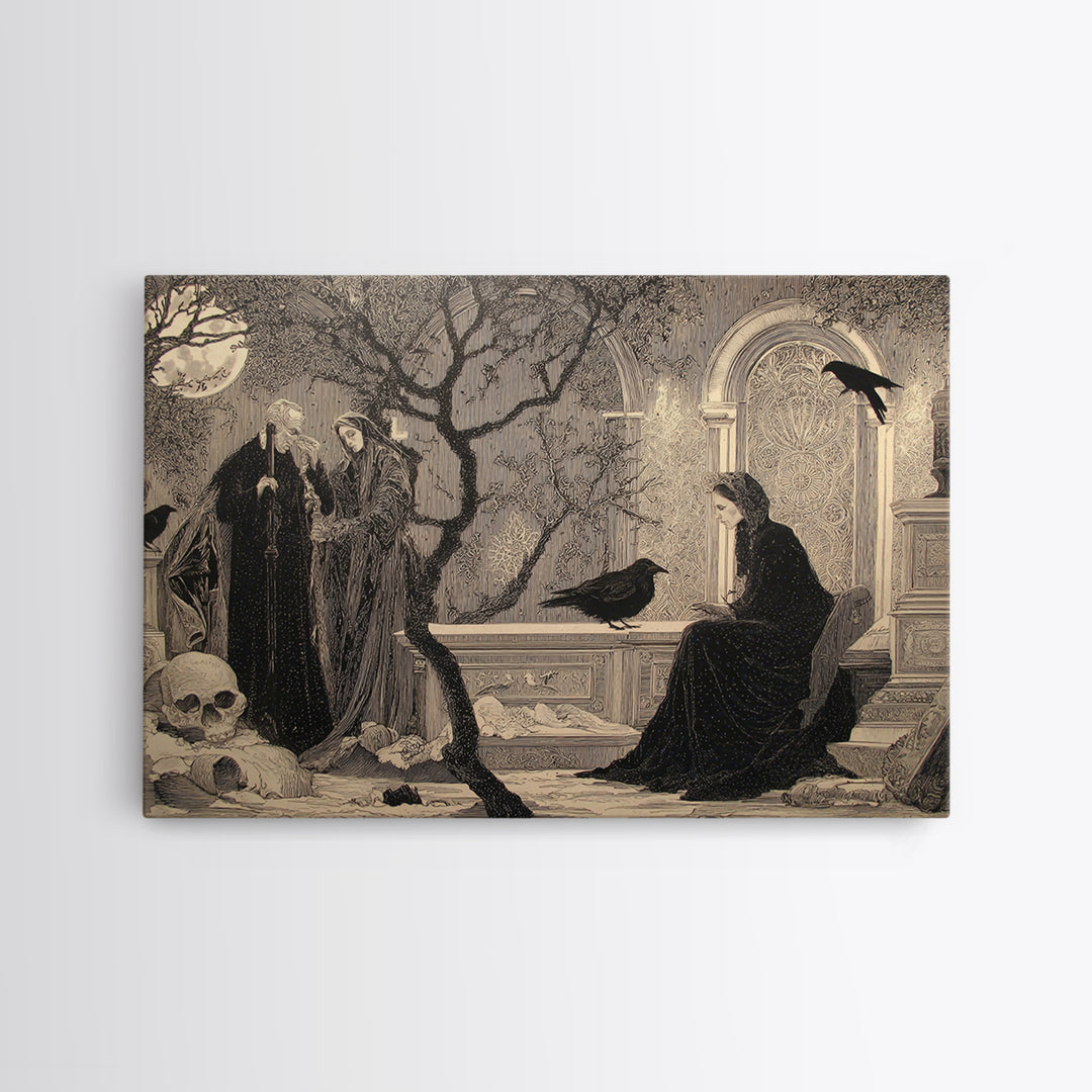 Black Lace And Cobwebs, Symbolist Death Art, Landscape Wall Art, Dark Halloween Decor, Framed Canvas Print, Halloween Wall Art