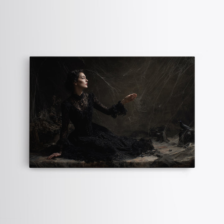 Black Lace And Cobwebs, Dark Symbolist Art, Landscape Wall Art, Gothic Horror Wall Art, Canvas Print, Halloween Wall Art